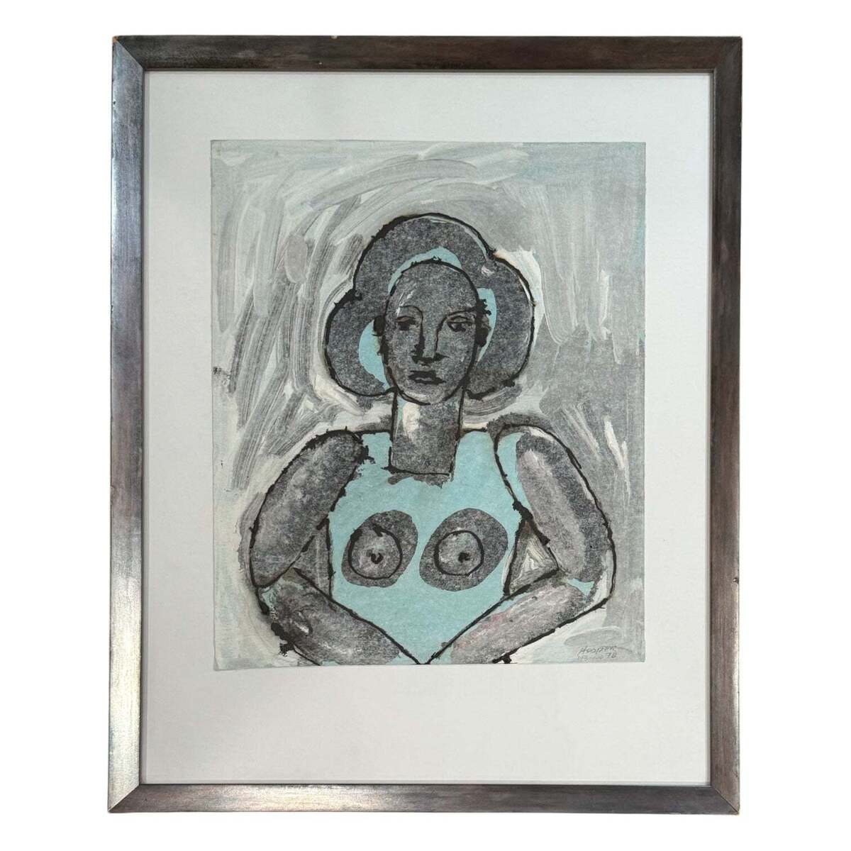 1978 Mixed Media Figurative Painting in Vintage Silvertone Frame