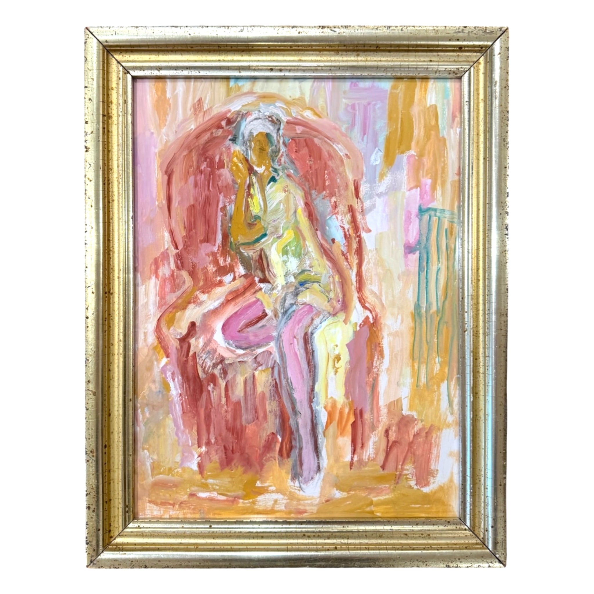 Seated Figure in Pink Chair, !9th Century Water Gilt Frame