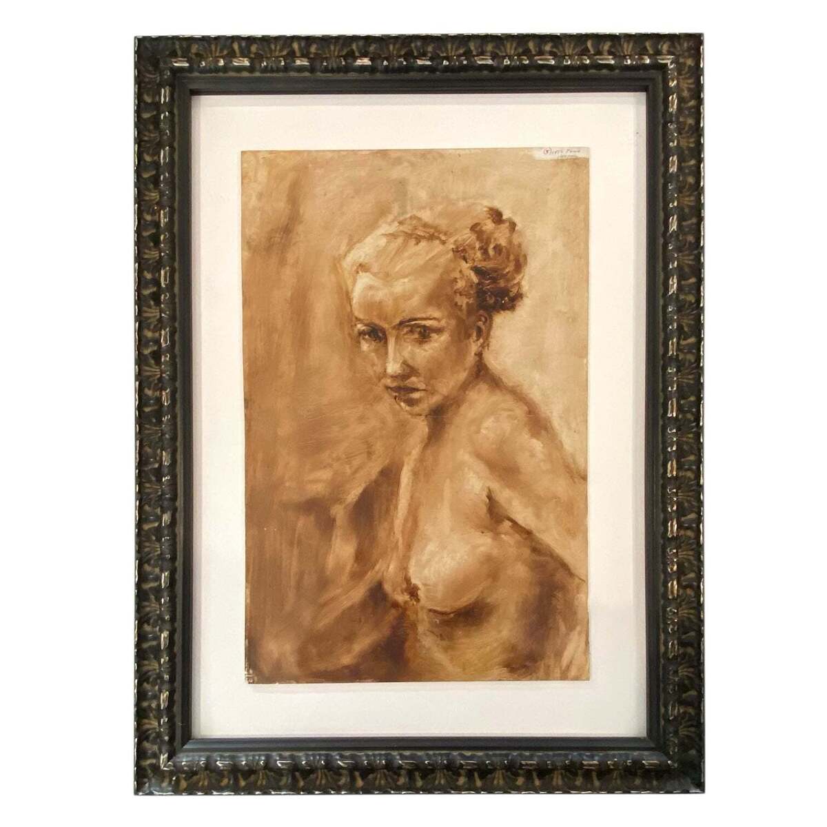 1953 Figurative Painting in Sepia Tones in Vintage Frame