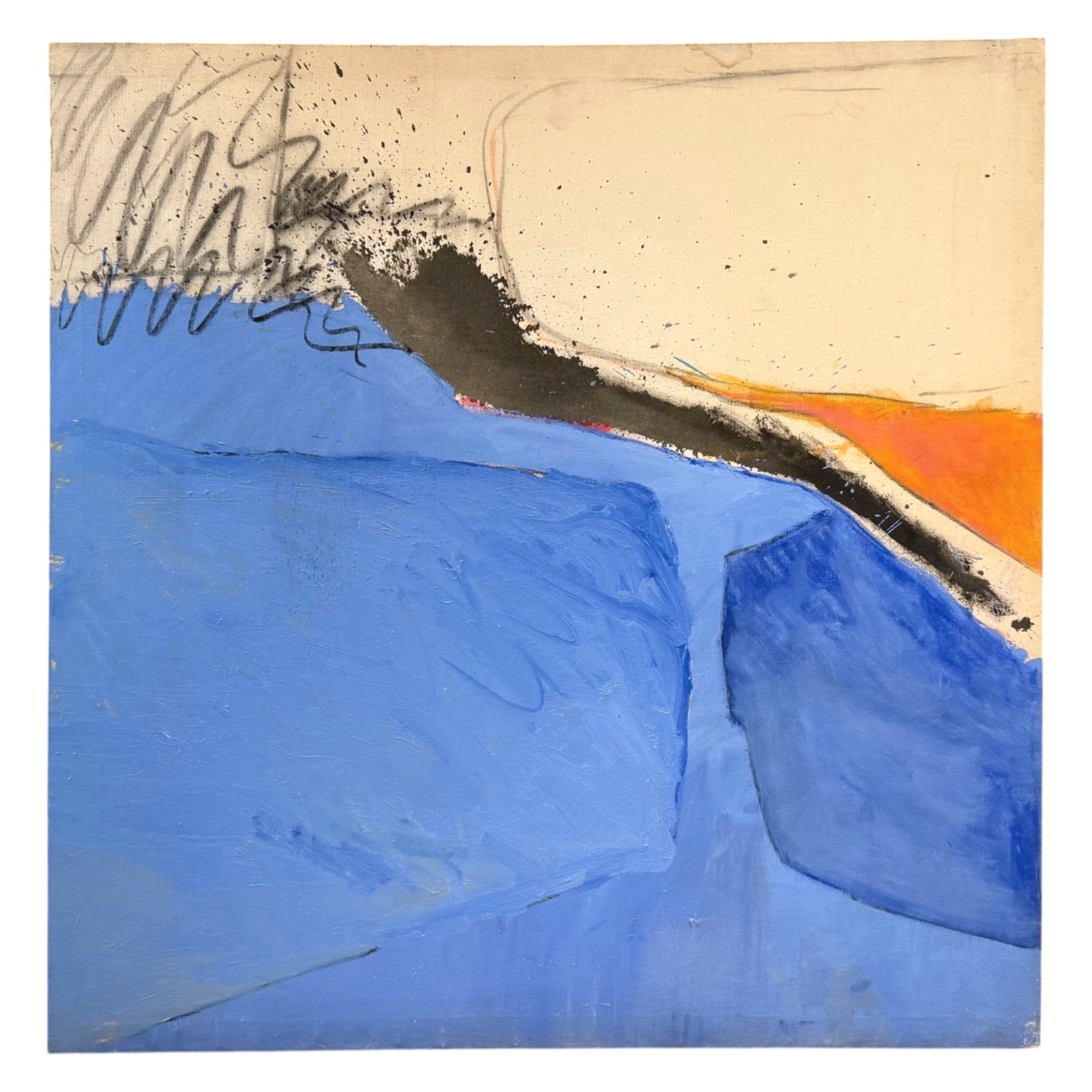 Mid Century Minimalist Abstract Painting with Gestural Mark-Making in Mediterranean Blue, Orange and Charcoal