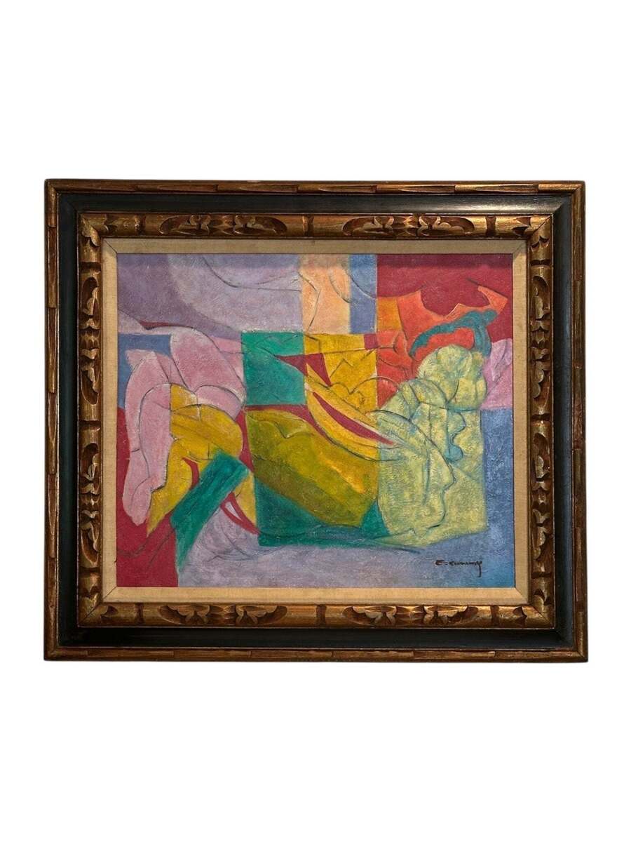Vintage Color Saturated Abstract Painting in Carved Vintage Frame