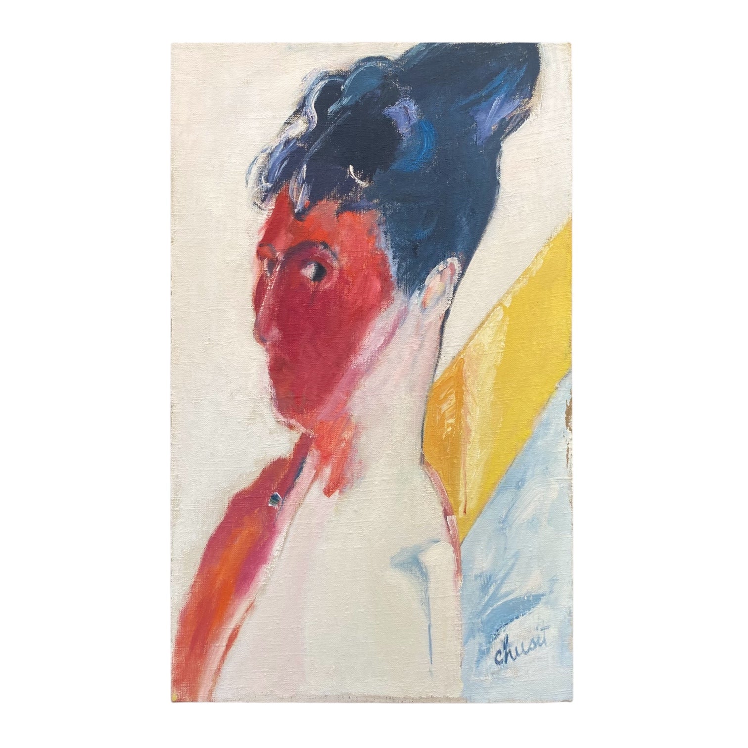 Abstract Vertical Portrait in Reds Blues Yellows