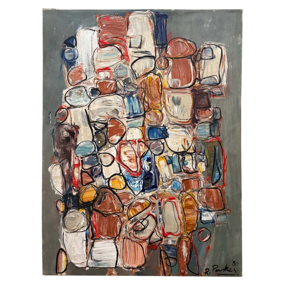 Abstract Expressionist Gestural Painting in Grays, Blues and Reds
