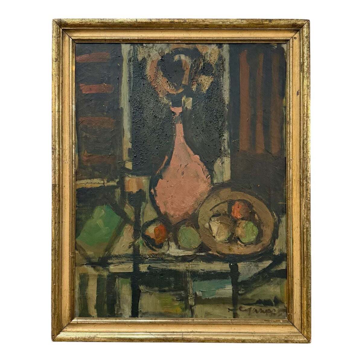 Reserved for LA — 1950s Still Life with Pink Vase in 19th Century Gilt Frame