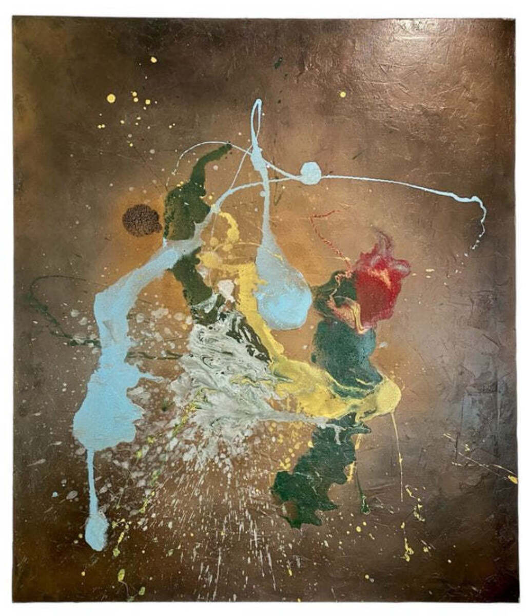 Large Energetic Abstract Expressionist Painting Butter Yellow, Red and Aqua Against Saddle Brown Field