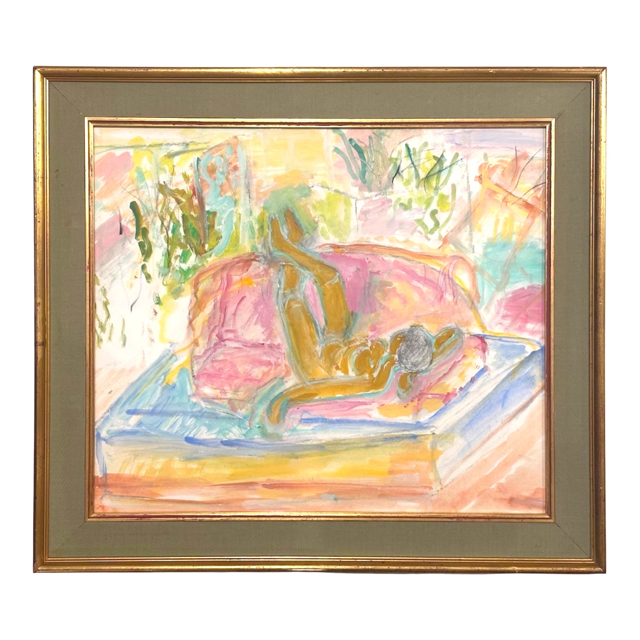 Vintage Oil on Paper of Figure Reclining on a Divan in Vintage French Frame