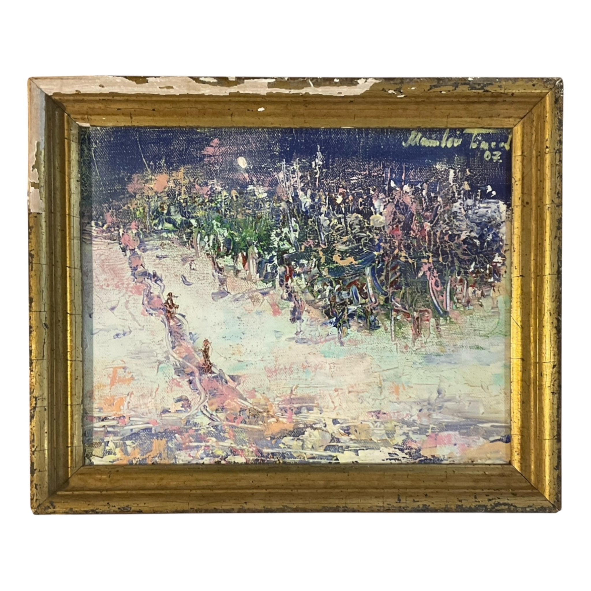 Vintage Impasto Painting of Ski Run with Skiers and Pine Trees, Distressed 19th c. Lemon Gold Frame