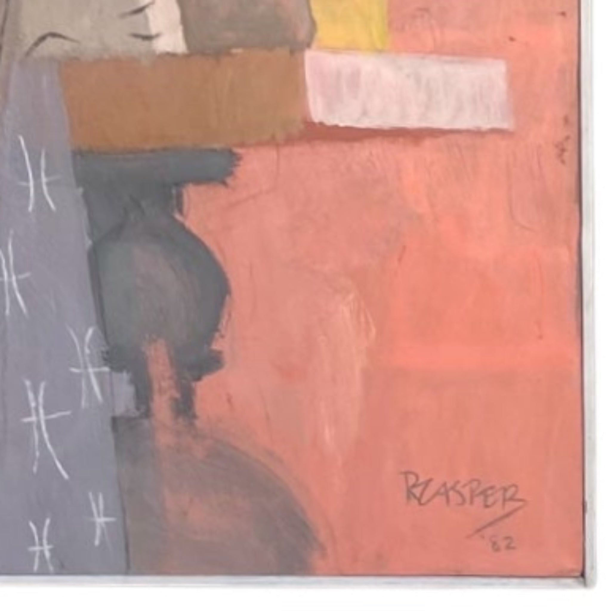Abstract Painting of Woman Sewing Cushion with Two Cats