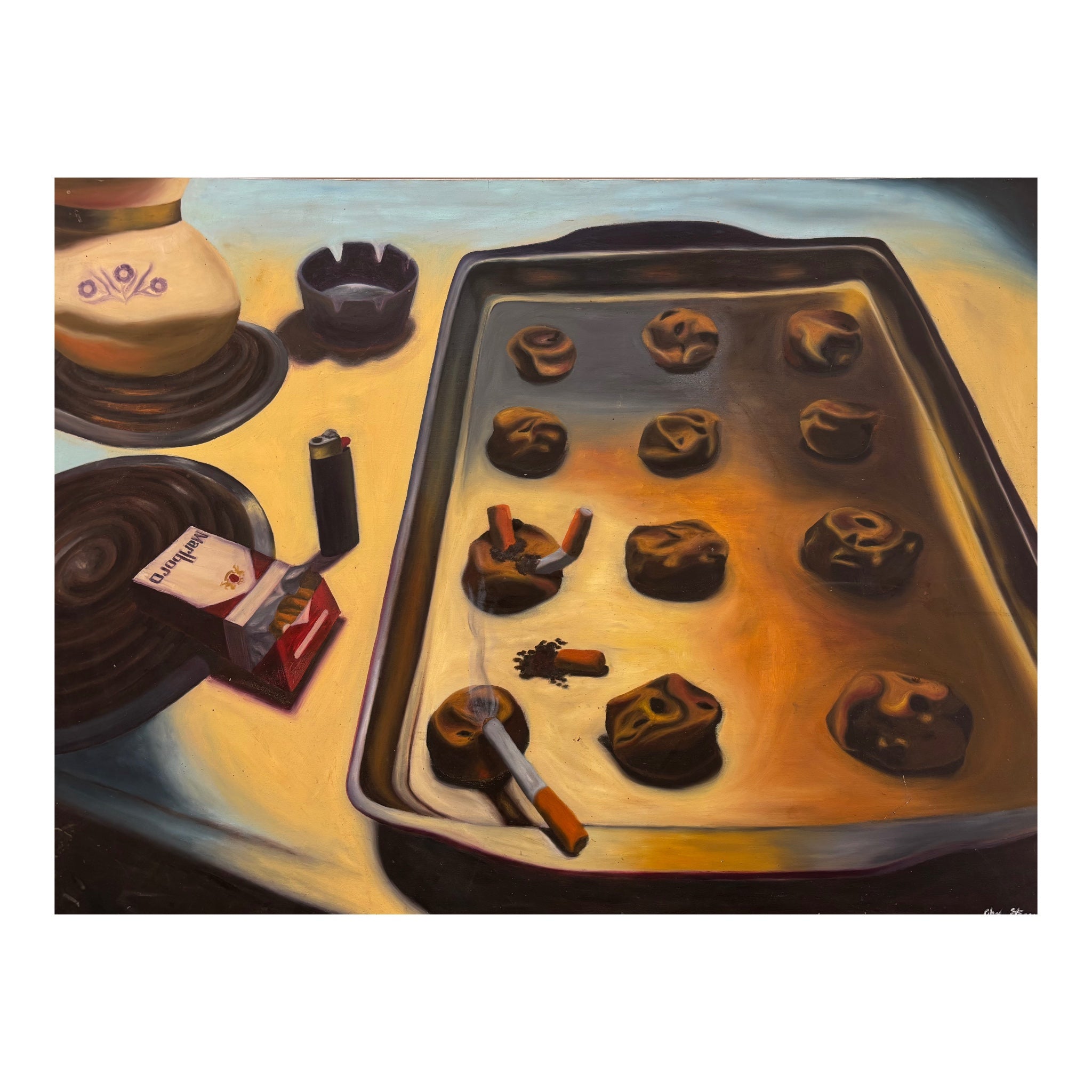 Moody Vintage Still Life Cookie Sheet with Cigarettes, Blue Cornflower Coffee Pot  and Ashtray