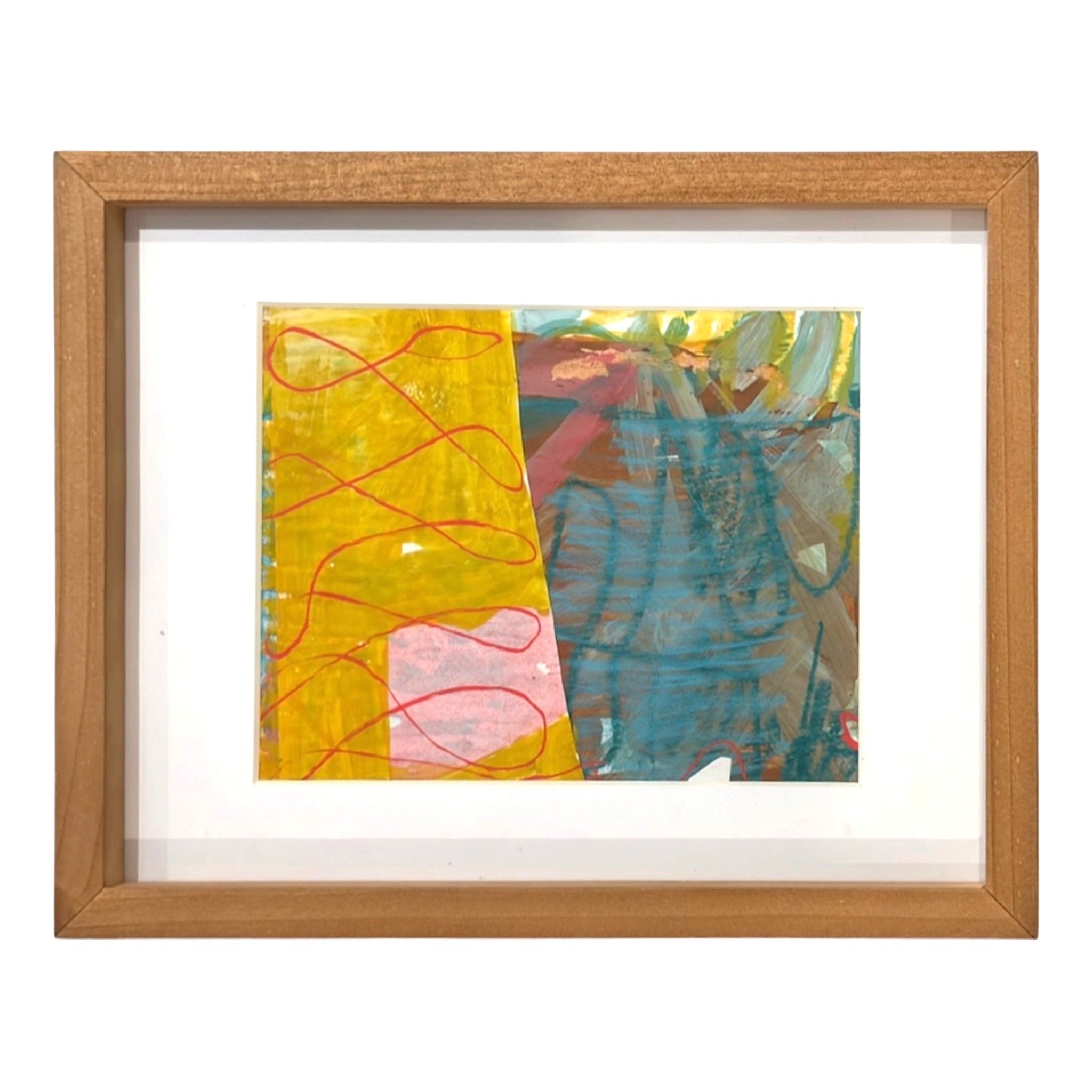 Oil on Paper in Peacock Blue and Yellow, Framed