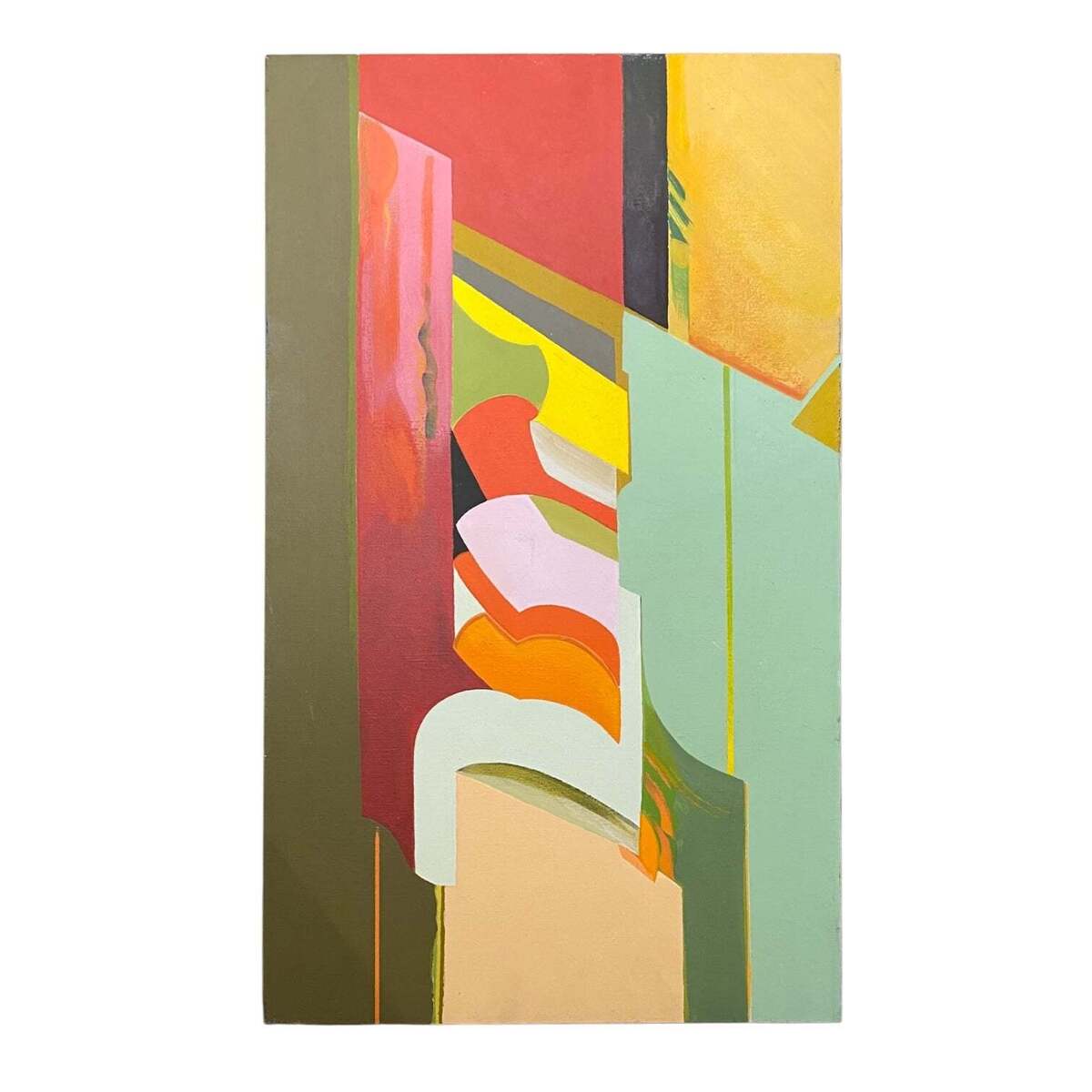 Hard-Edge Abstract Architectural Painting in Olive, Orange and Aqua
