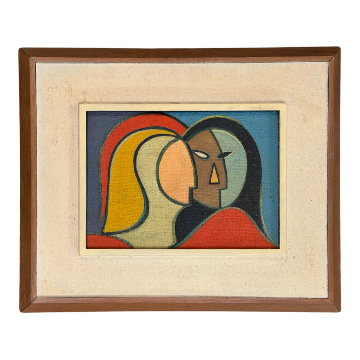 Vintage Minimalist Colorful Painting of Two Faces in Original Frame