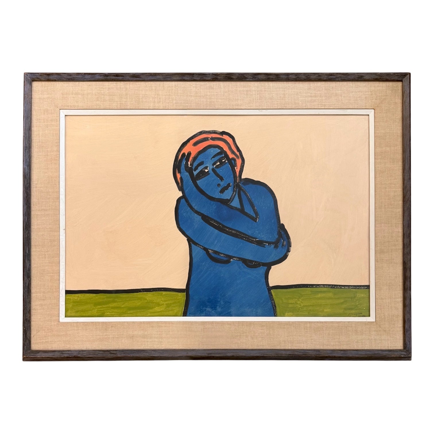 Painting of Blue Nude Figure in Vintage Wood Frame
