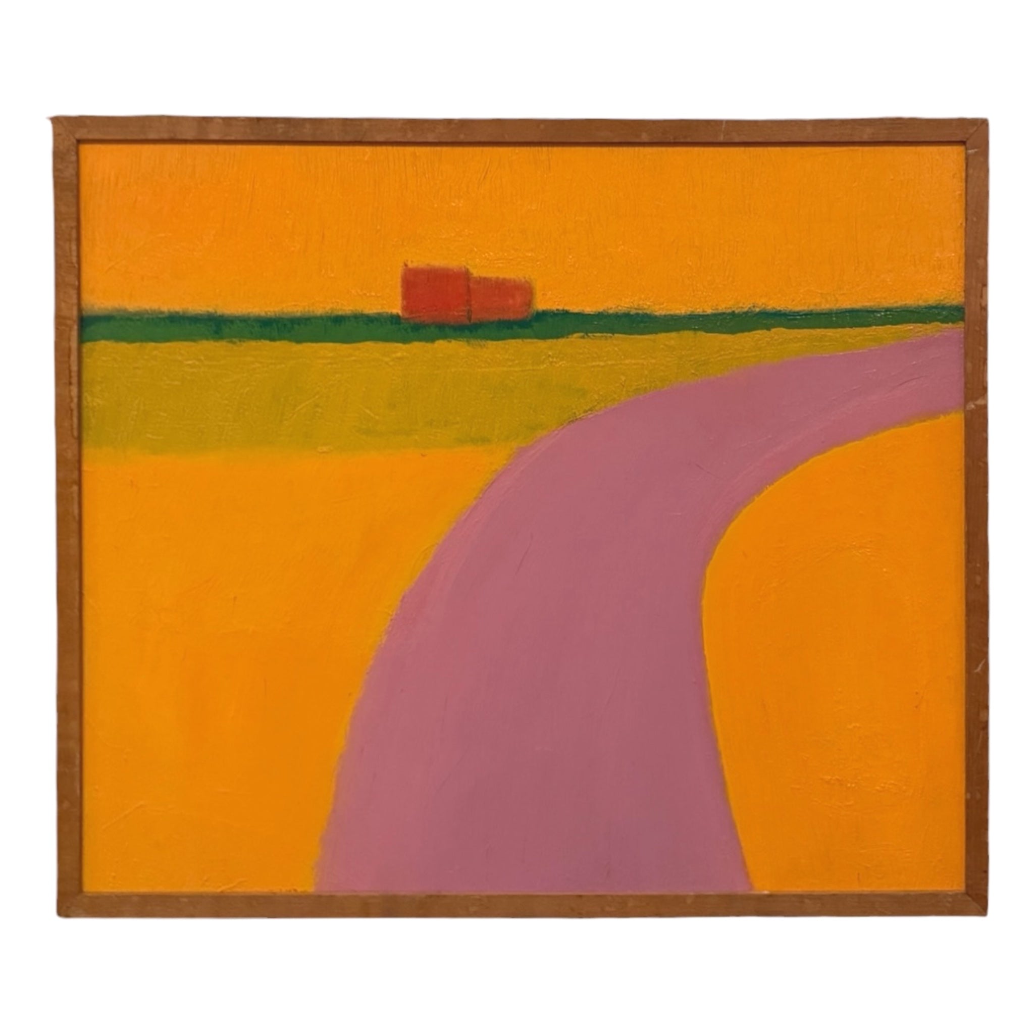 Graphic Minimalist Landscape Painting in Pinks, Orange and Green /Vintage Wood Frame