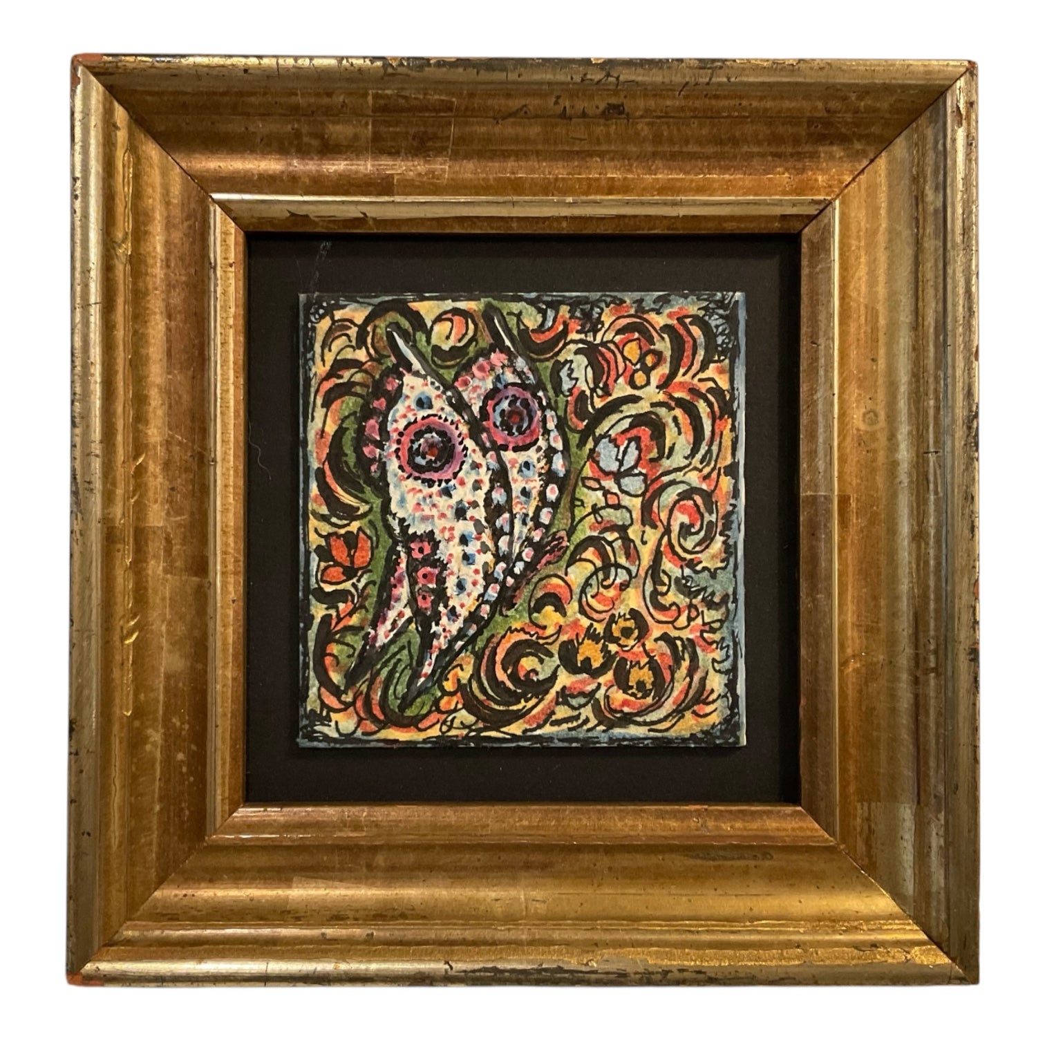 Vintage Graphic Stylized Painting in Antique Gilt Wood Frame
