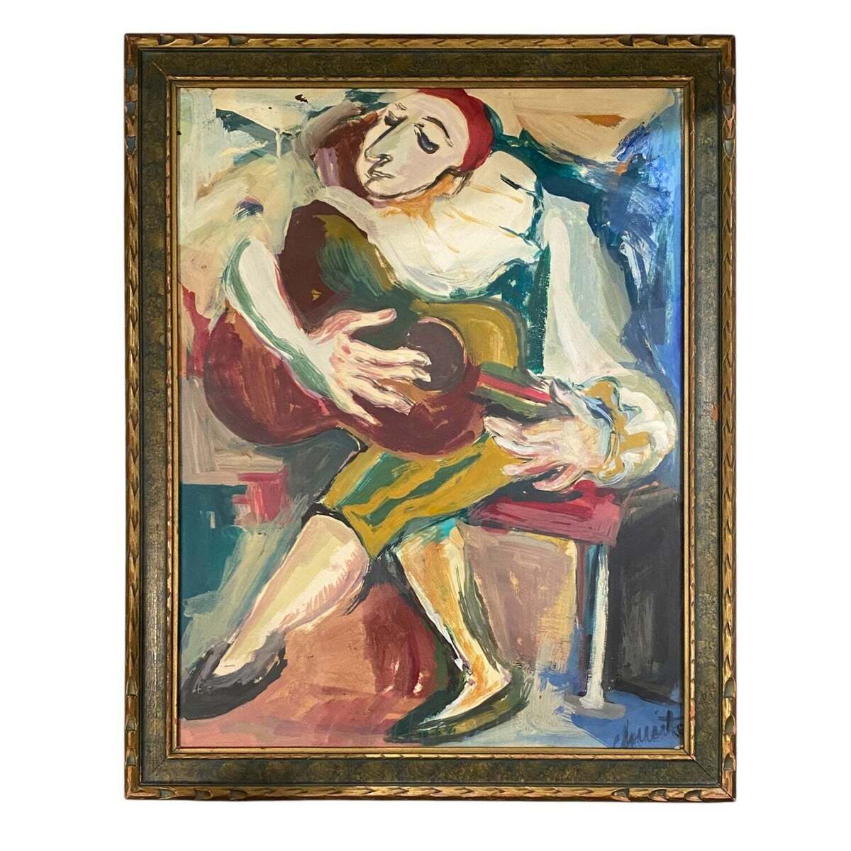 Abstract Gestural Oil Painting of Commedia Dell'Arte Harlequin in Vintage Frame