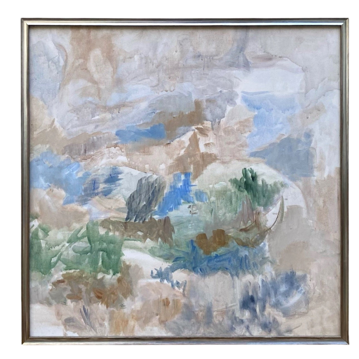 Oil on Canvas Soft Abstracted Landscape in Muted Blues, Greens and Browns Presented in a Custom Frame