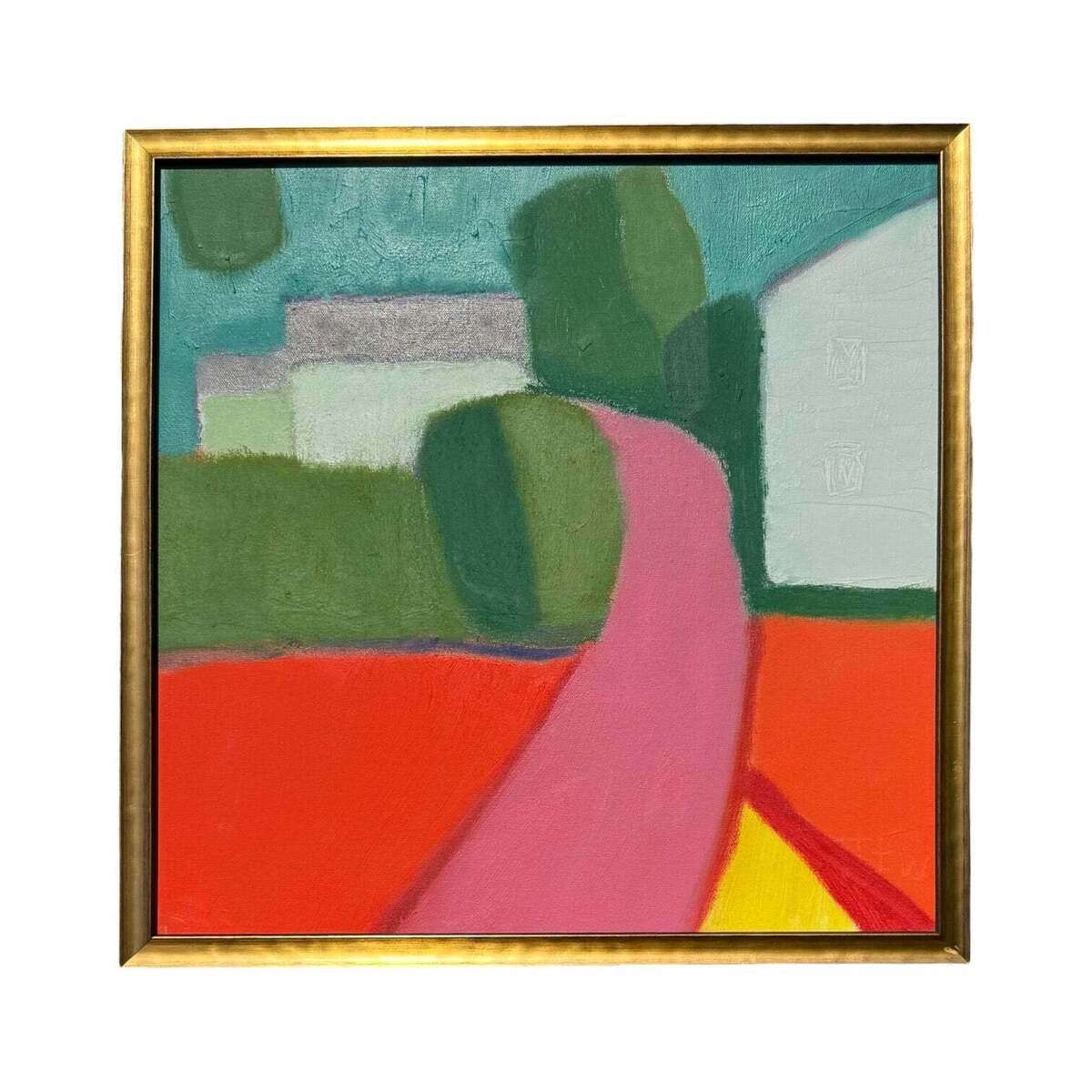 Boldly Colorful Landscape with Houses in Gold-Toned Custom Frame