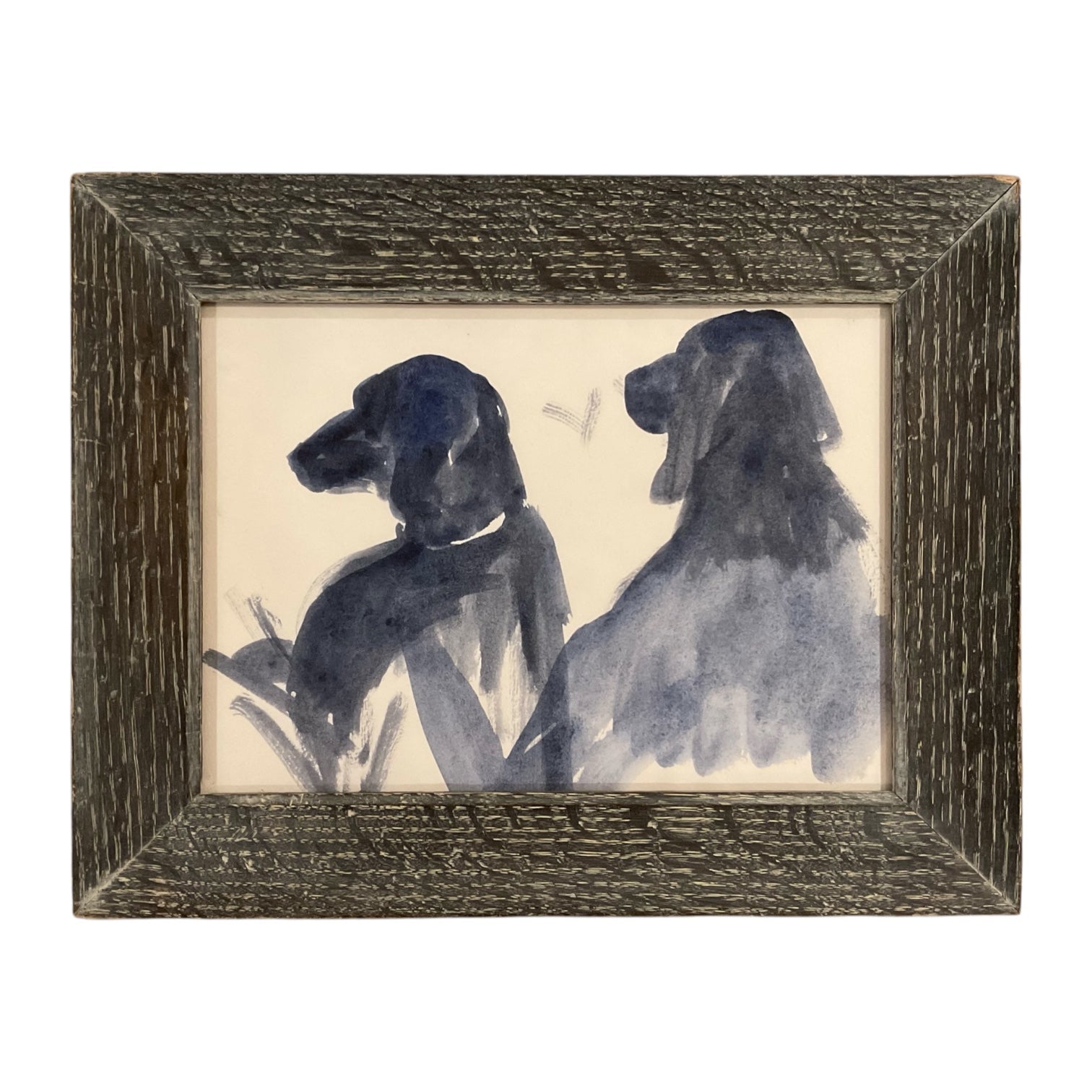 Silhouette  of Hunting Dogs in Brush with Vintage Gray Cerused Wood Frame