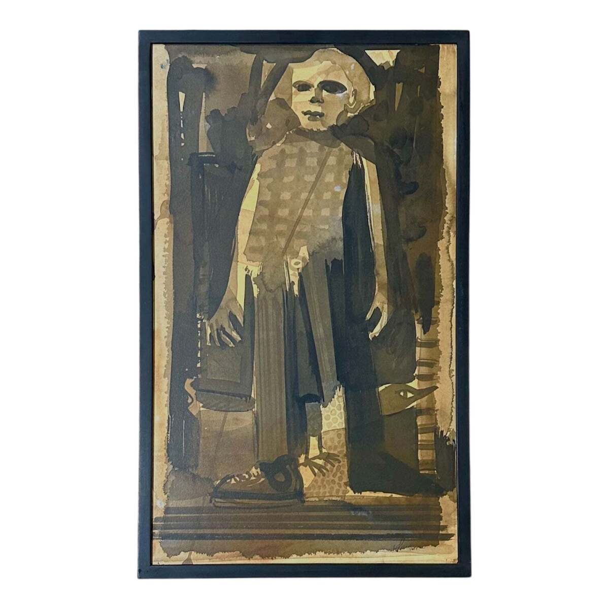 Monochromatic Standing Boy Featuring Bird and Shoes in Mustards and Black