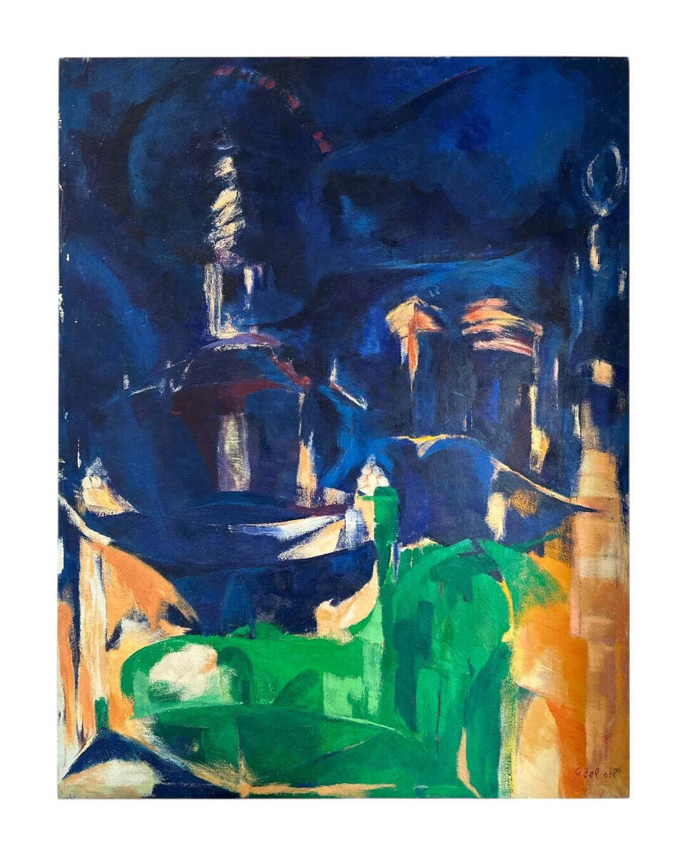 RESERVED GS 1958 Abstract Expressionist Oil Painting in Vibrant Indigo and Kelly Green