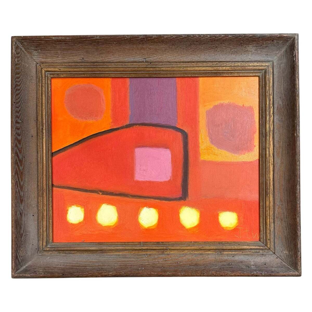 Vibrant Abstract Oil Painting in Red-Orange in Vintage Wood Frame