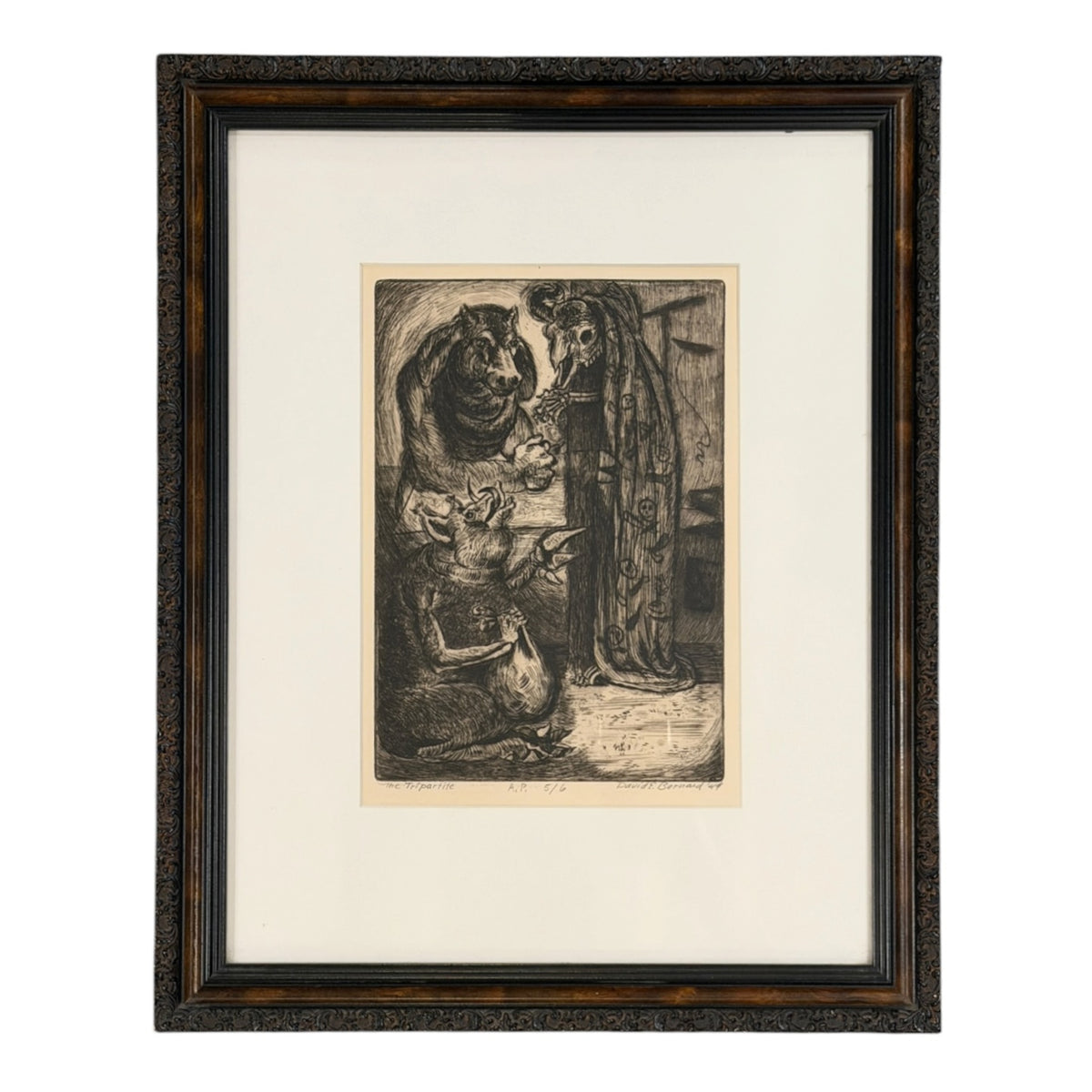 1949 “The Tripartite” Anthropomorphic Litho Hippo, Warthog and Bird Skeleton  in Custom Wood Frame