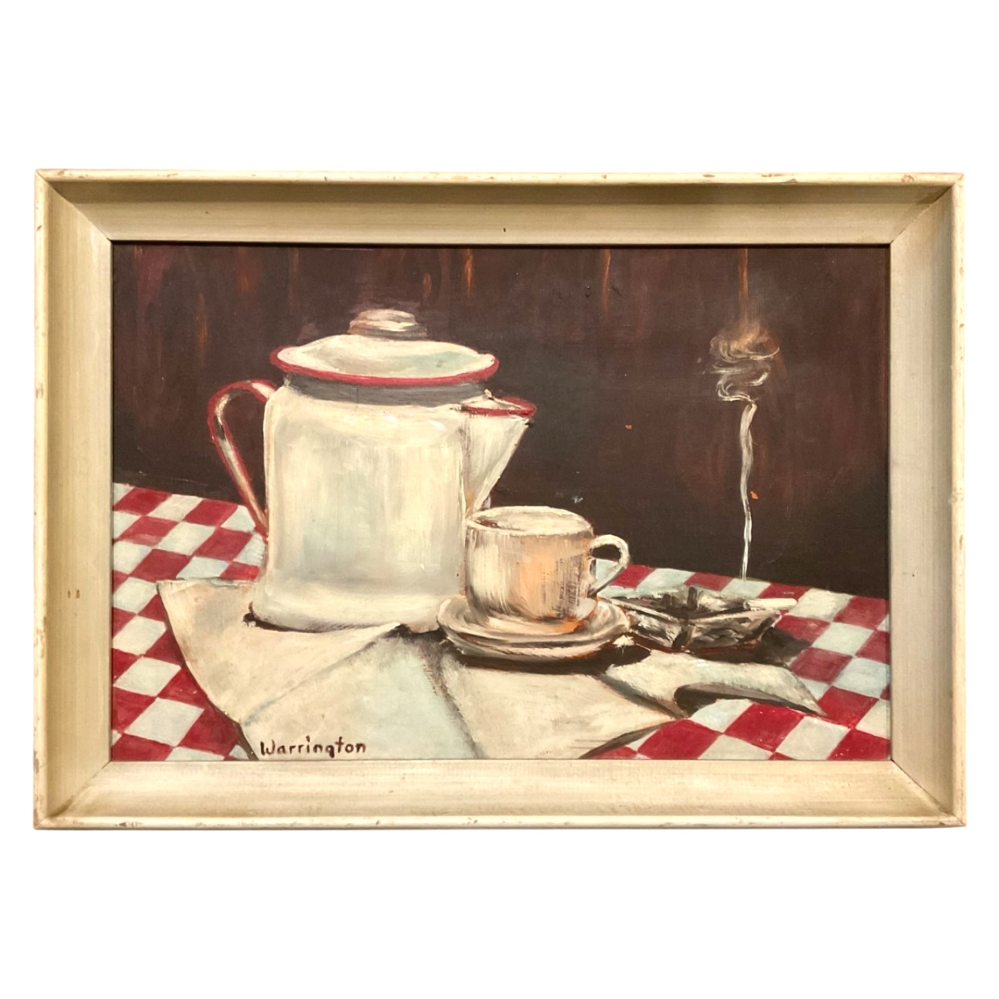 Gritty Diner Tablescape  of Coffee Pot and Lit Cigarette /  Original Wood Frame