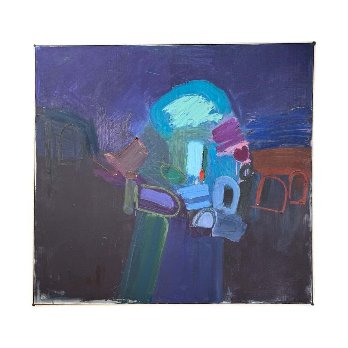 Abstract Painting in Moody Purples with Luminous Accents in Original Lathe Frame