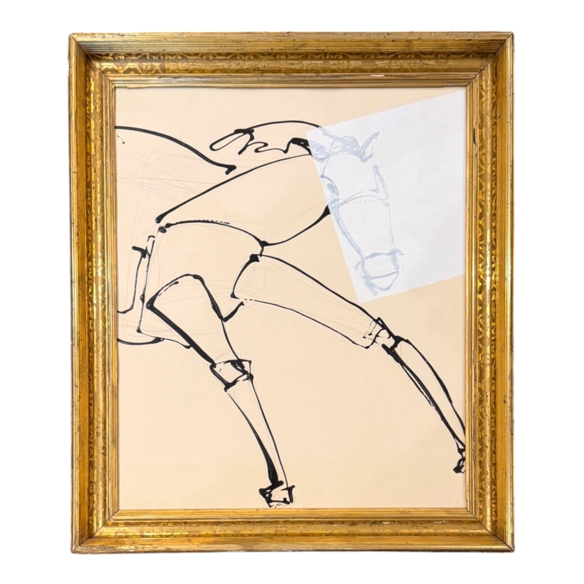 Large Ink on Paper Gestural Painting of a Horse in 19th C Stenciled Lemon Gilt Frame