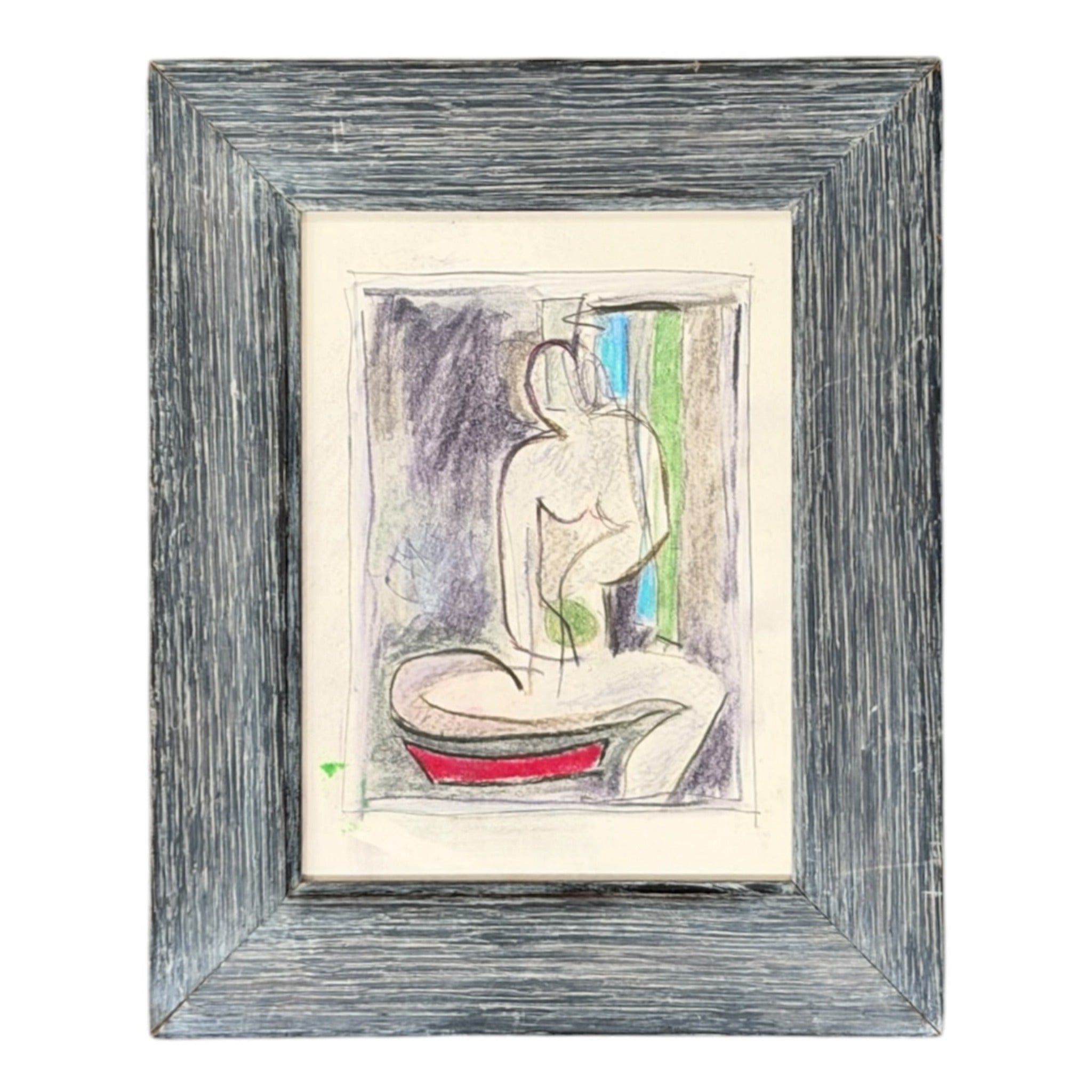Minimalist Seated Figure in Wide Vintage Cerused Frame