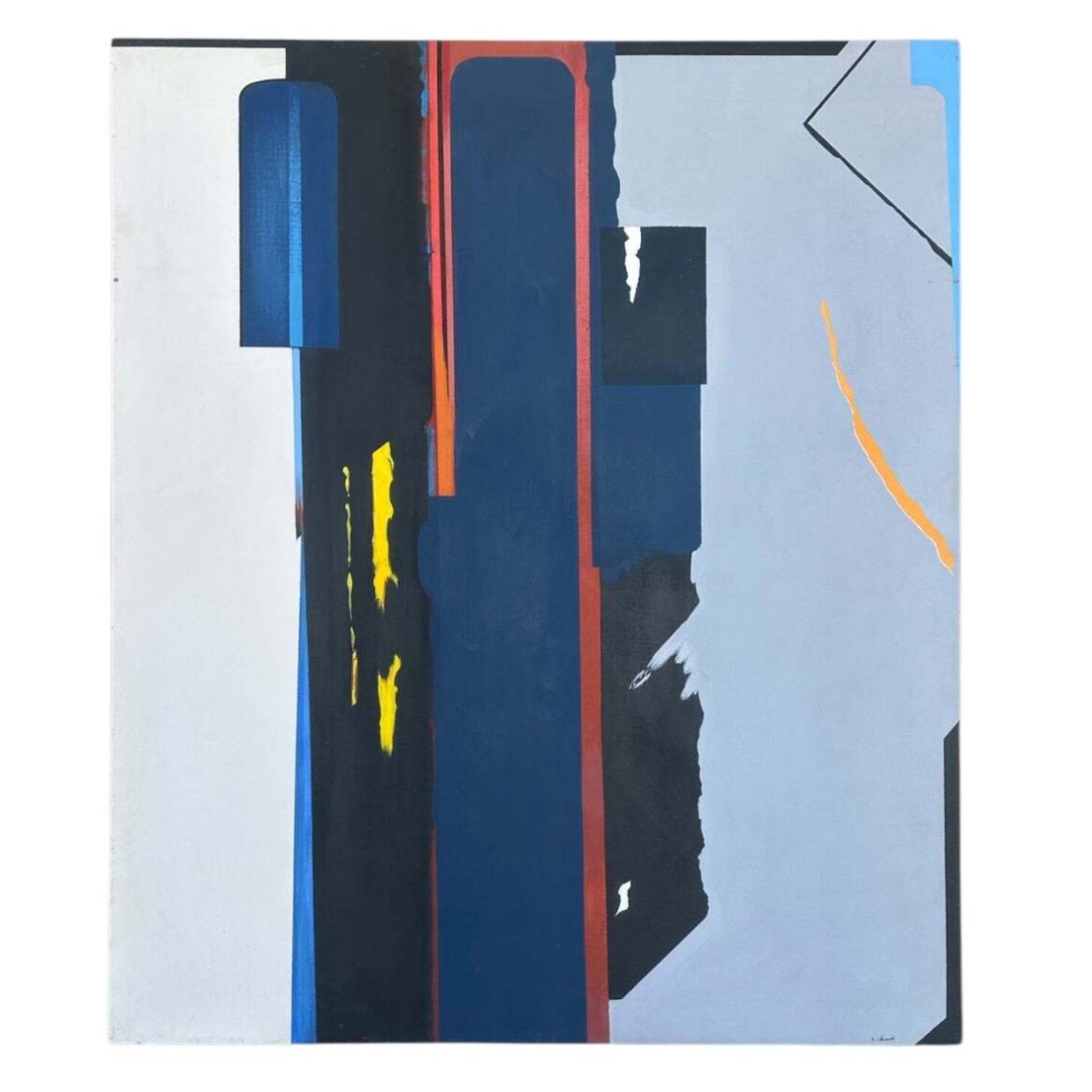Monumental Abstract High Contrast Oil Painting in Navy Black and Gray