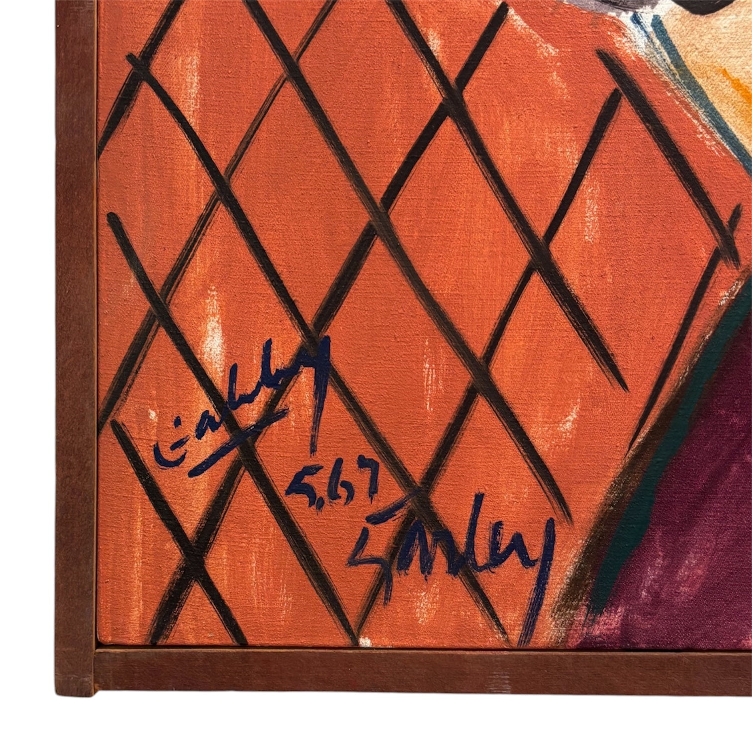 Modernist Oil on Canvas Portrait of Girl in Original Wood Lathe Frame, 1967