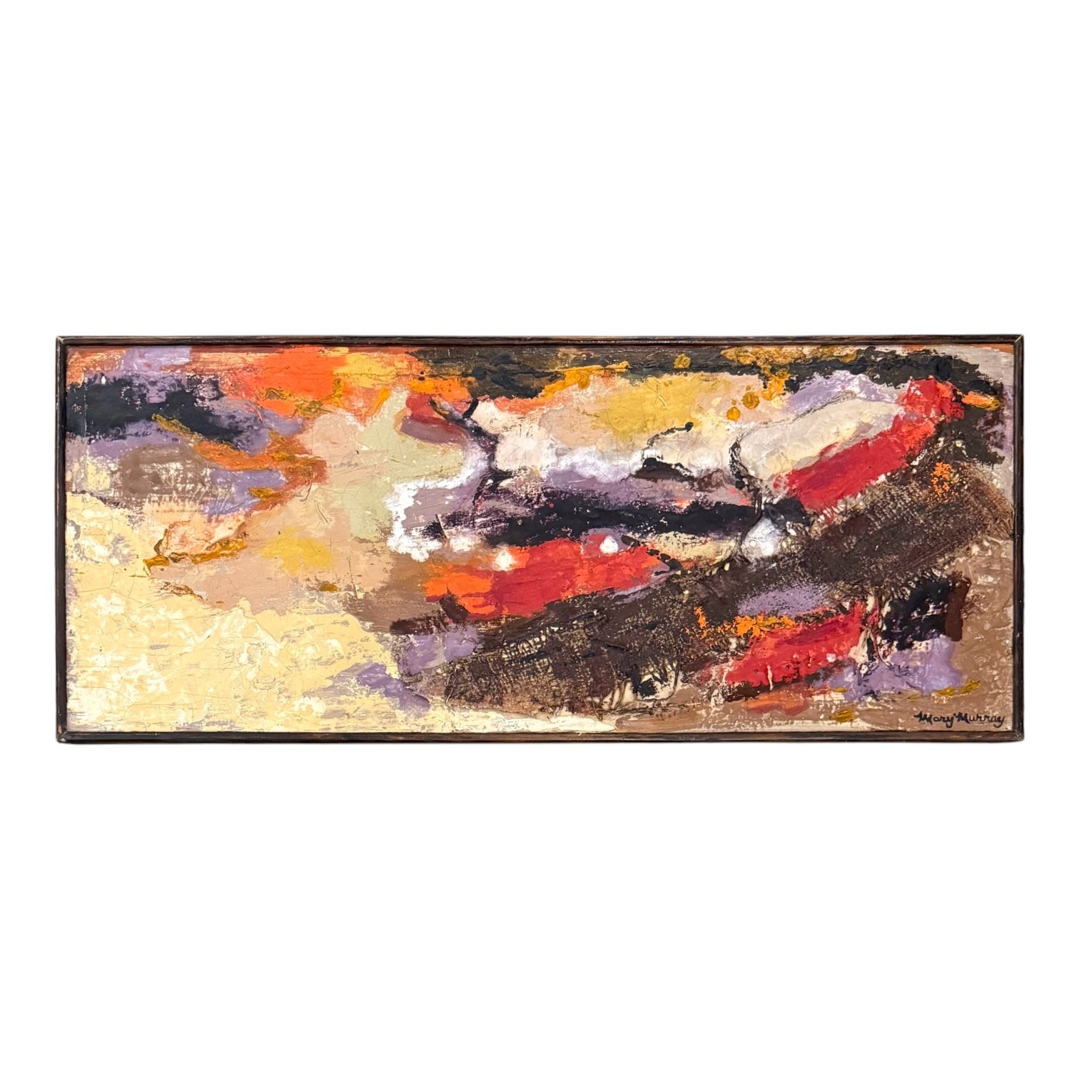 Bold Abstract Expressionist Mixed Media Painting with Heavy Impasto in Original Wood Frame