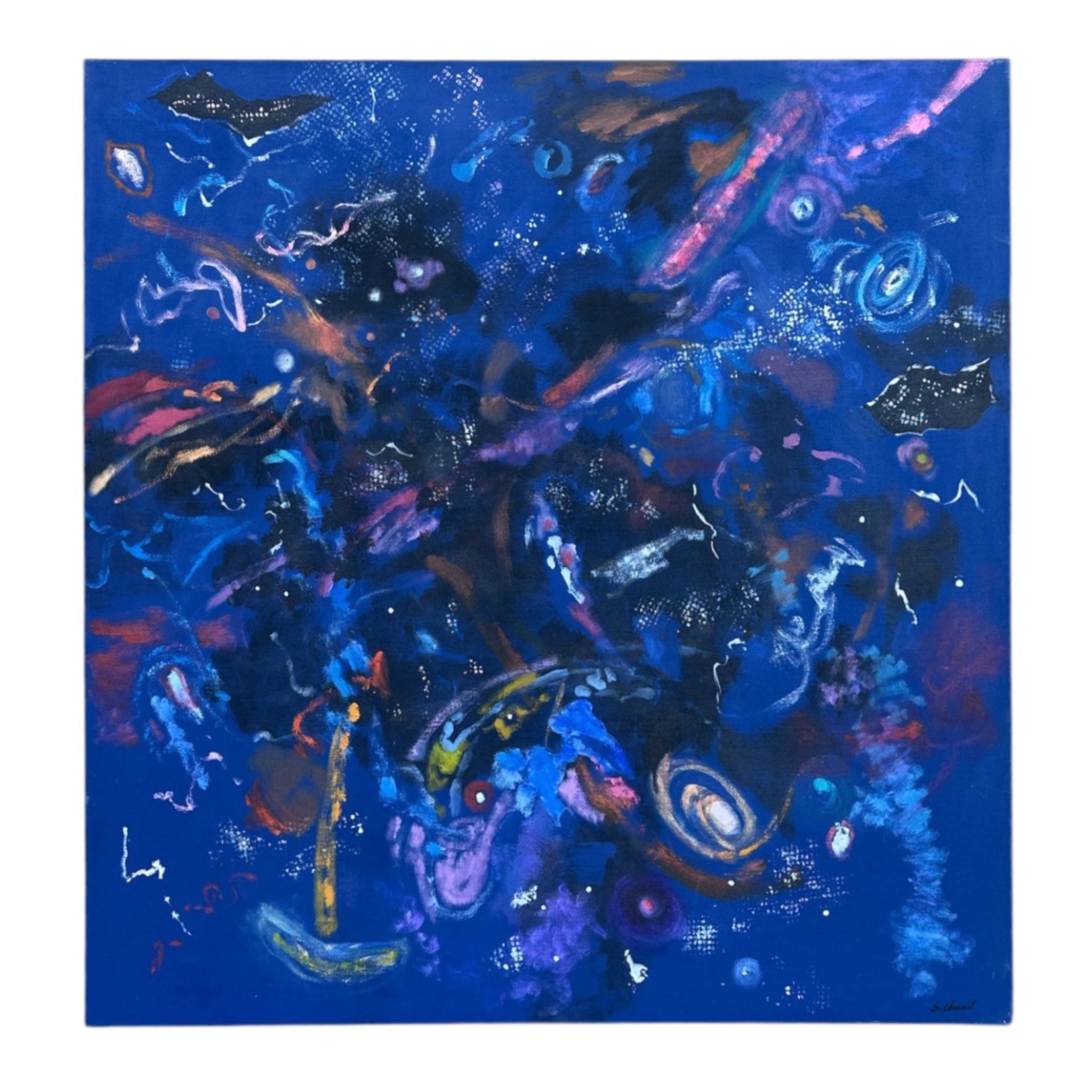 Large Organic Ultramarine Blue Painting in the Manner of Cy Twombly