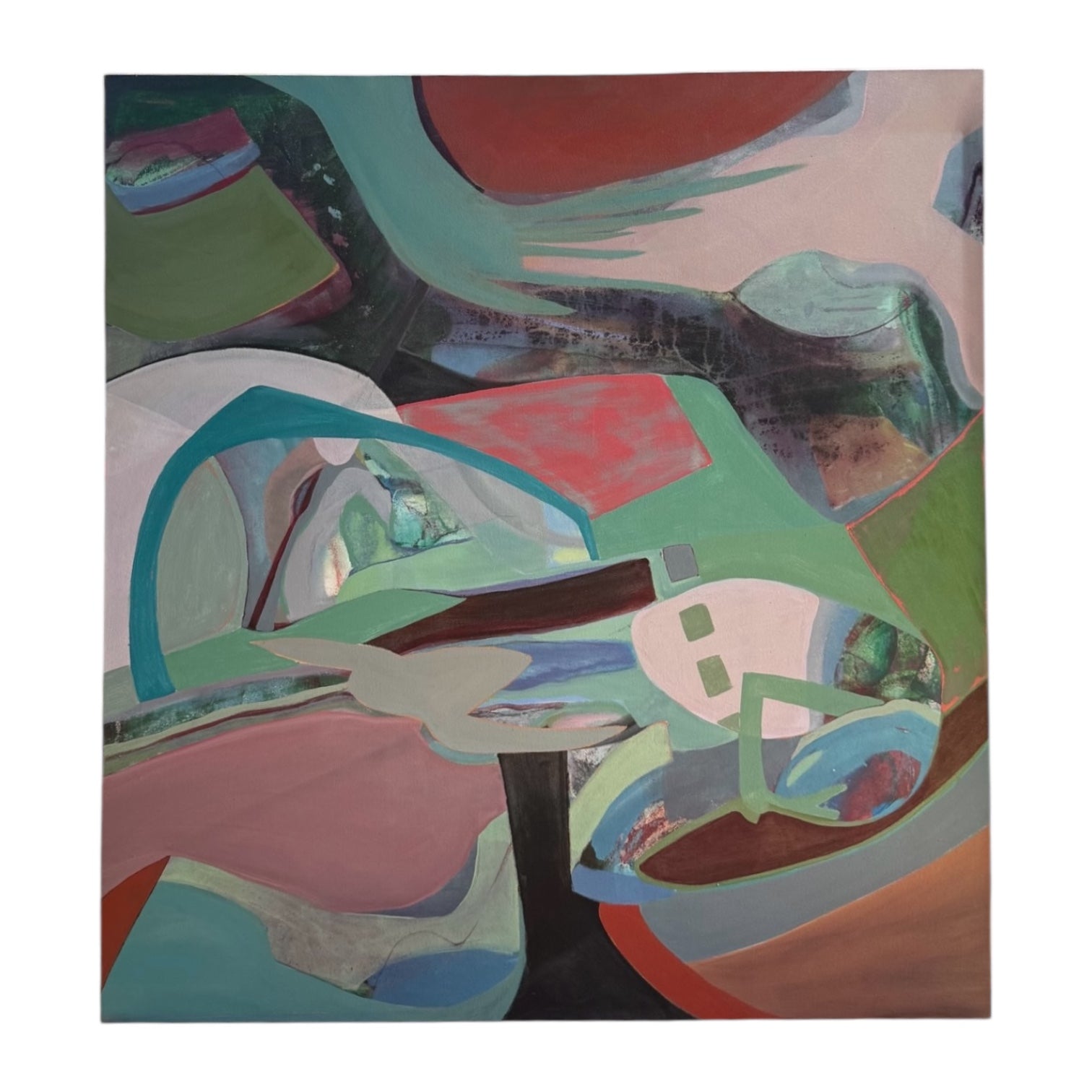 Oversized Abstract Expressionist Painting in Green, Pinks, and Black