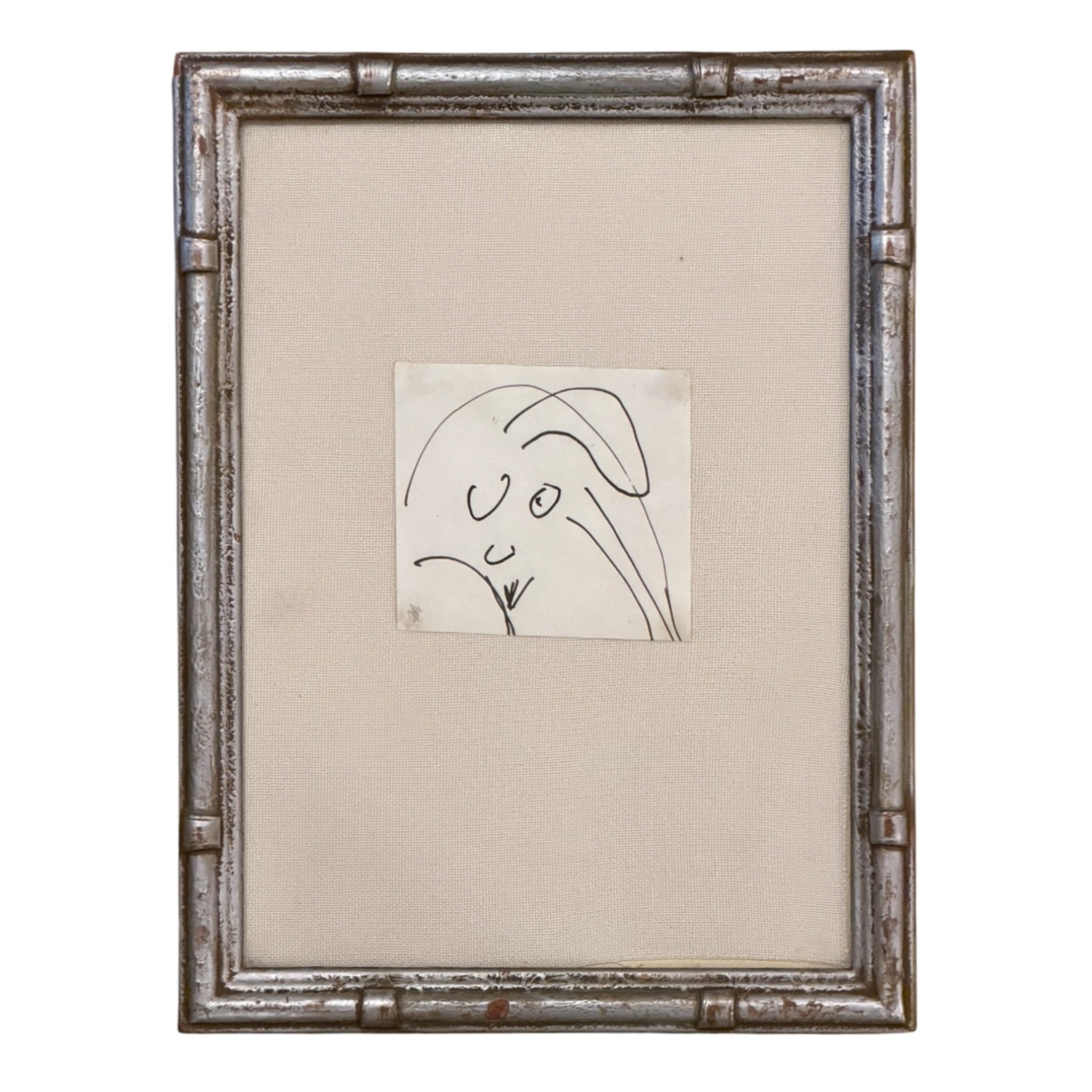 Minimalist Figurative Ink Drawing on Linen in Vintage Distressed Silver Frame Twig Motif