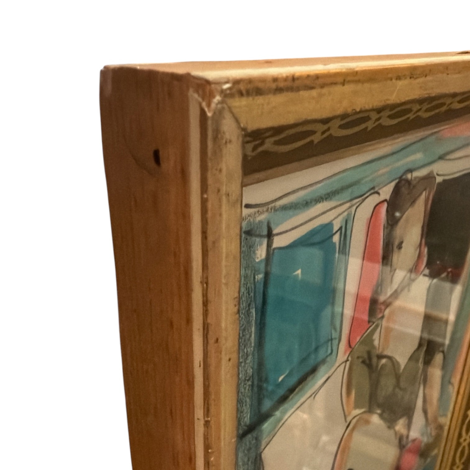 Mixed Media Painting of Seated Woman, Barefoot, in 19th C Stenciled Lemon Gold Frame