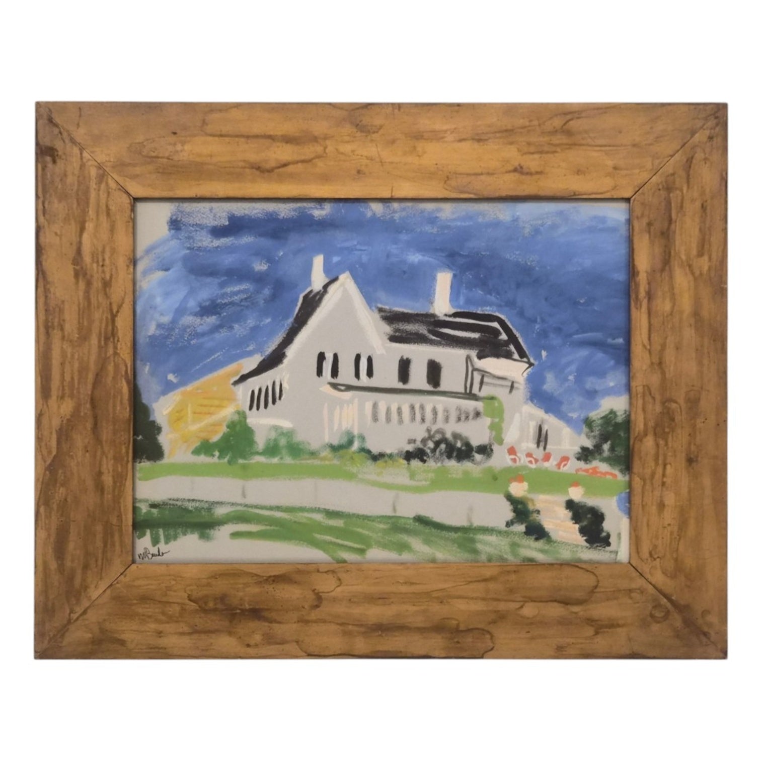 Early Landscape Oil Painting House on a Hill in Wide Vintage Wood Frame