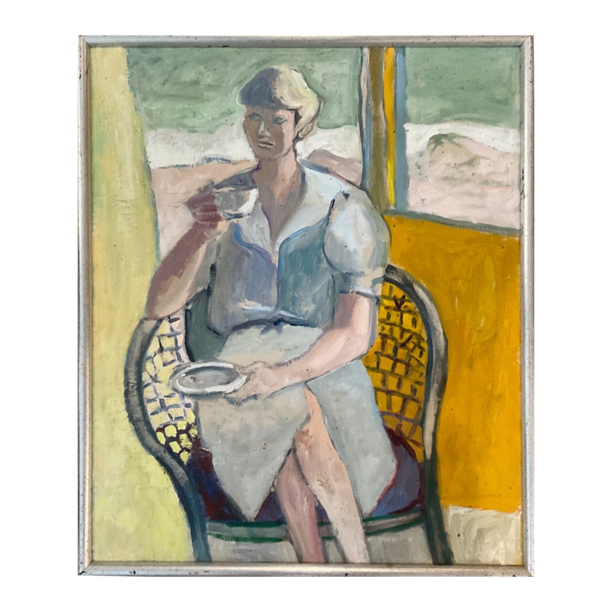 Sensitive Portrait of Seated Woman at Beach Window "Tea by the Sea" in Original Vintage Frame
