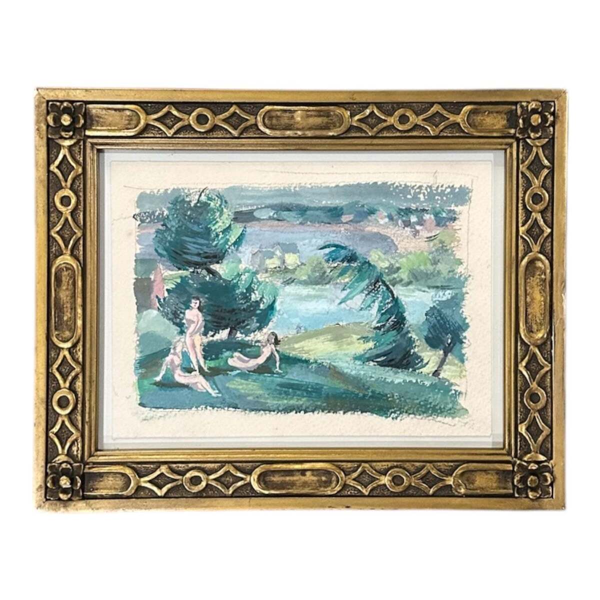 Pastoral Landscape in Cool Tones Featuring Feminine Figures with Vintage Gold Frame