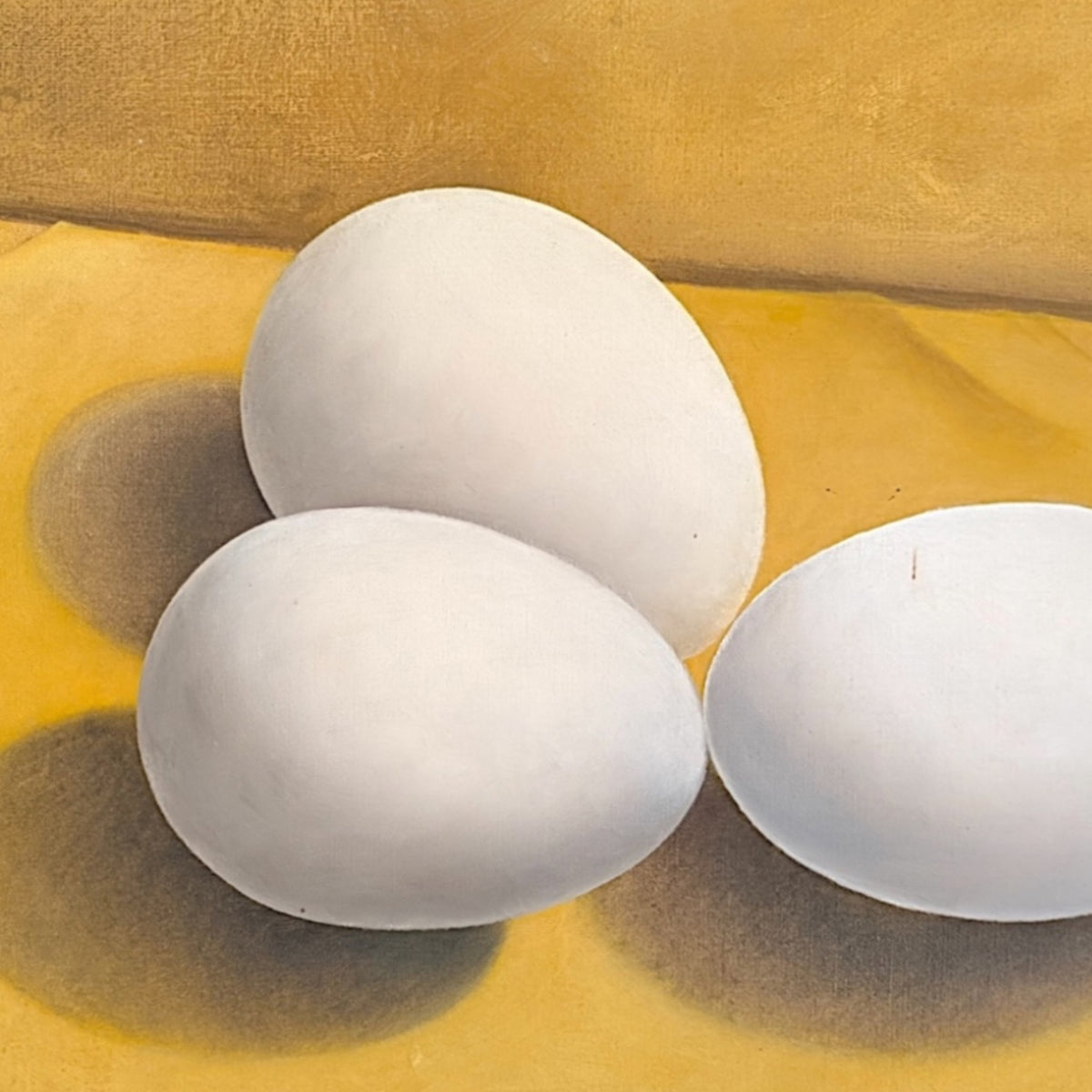 Minimalist Painting of Eggs Against Yolk Yellow Ground in Original Wood Frame
