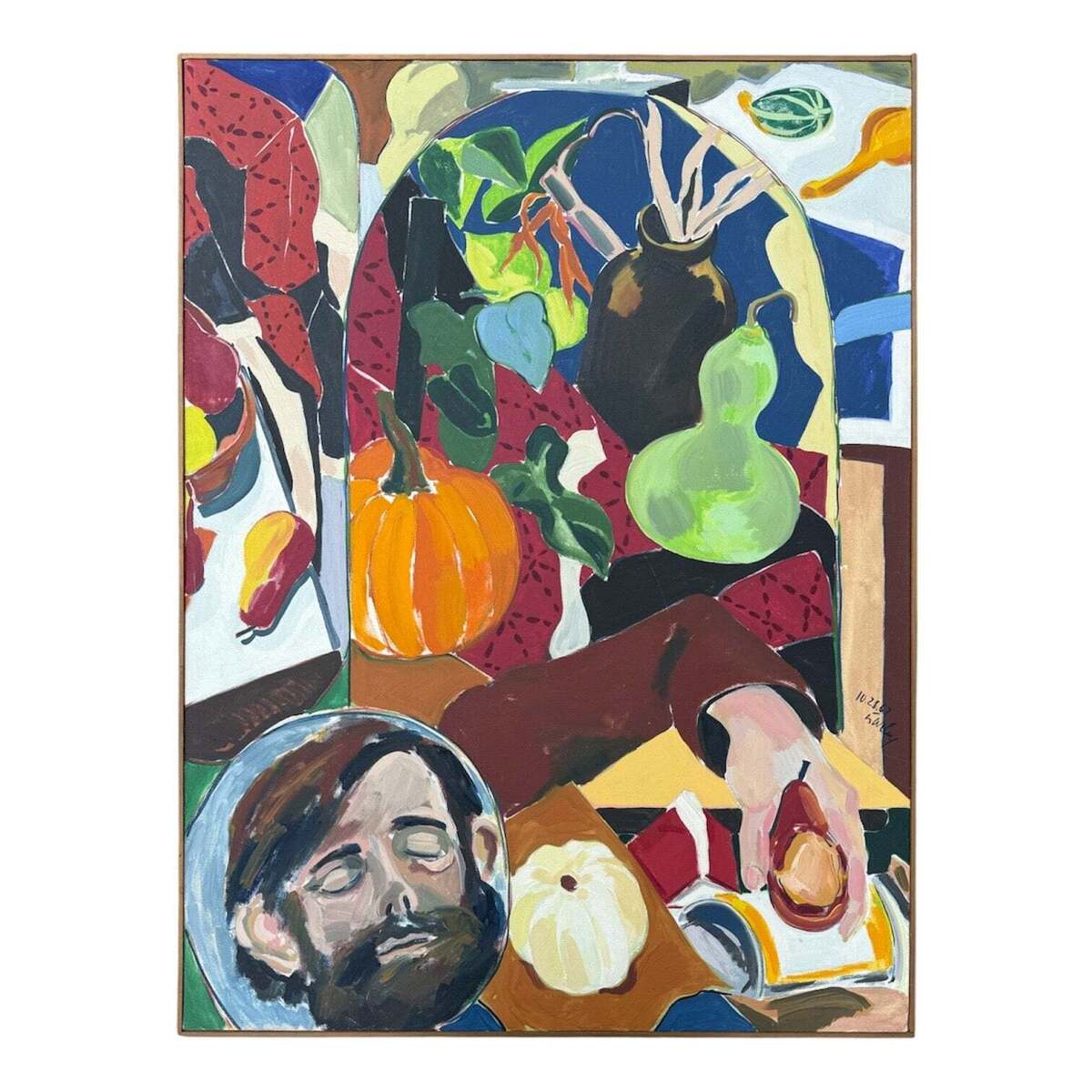 Richly Colored Studio Still Life Featuring Self Portrait, Pears, and Gourds