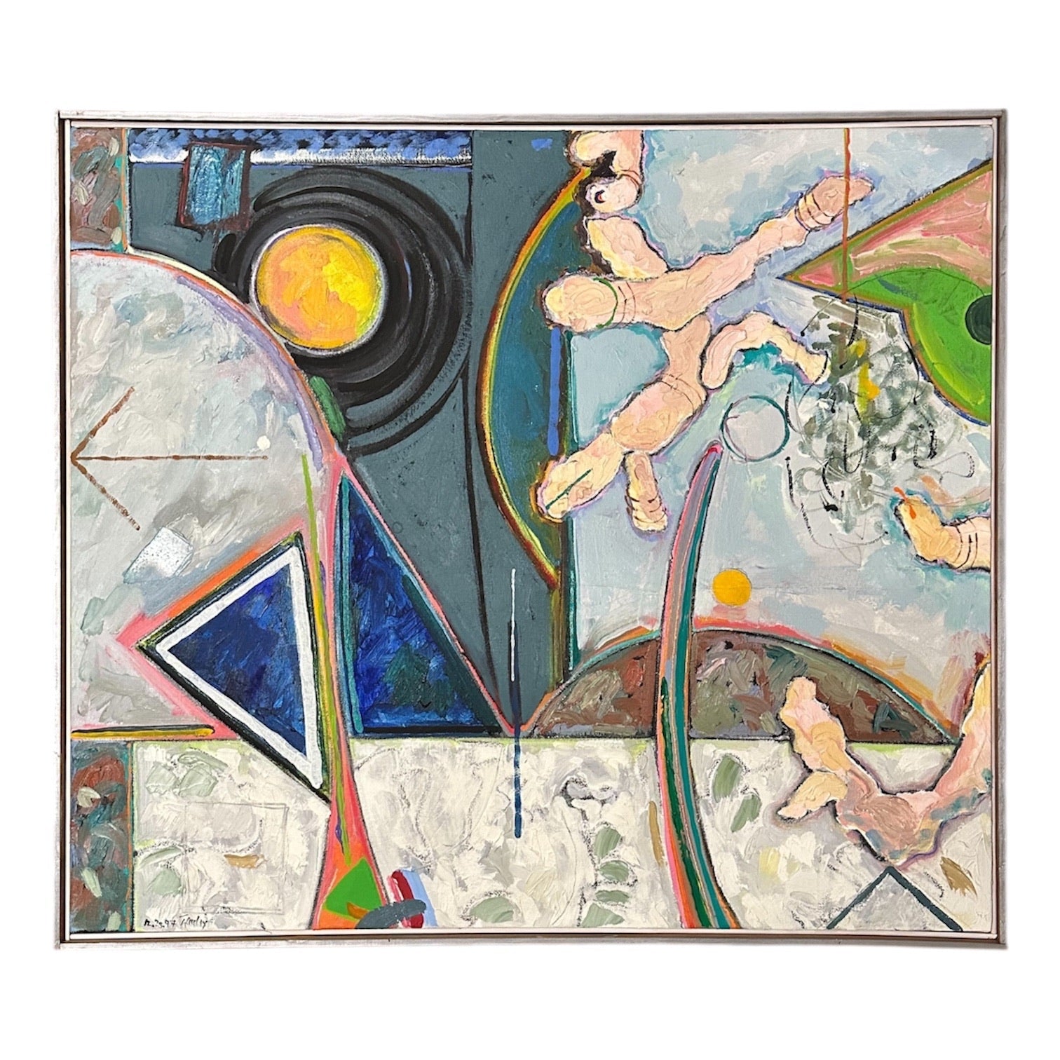Fantastical Oil Painting with Dynamic and Geometric Shapes in Original Lathe Frame