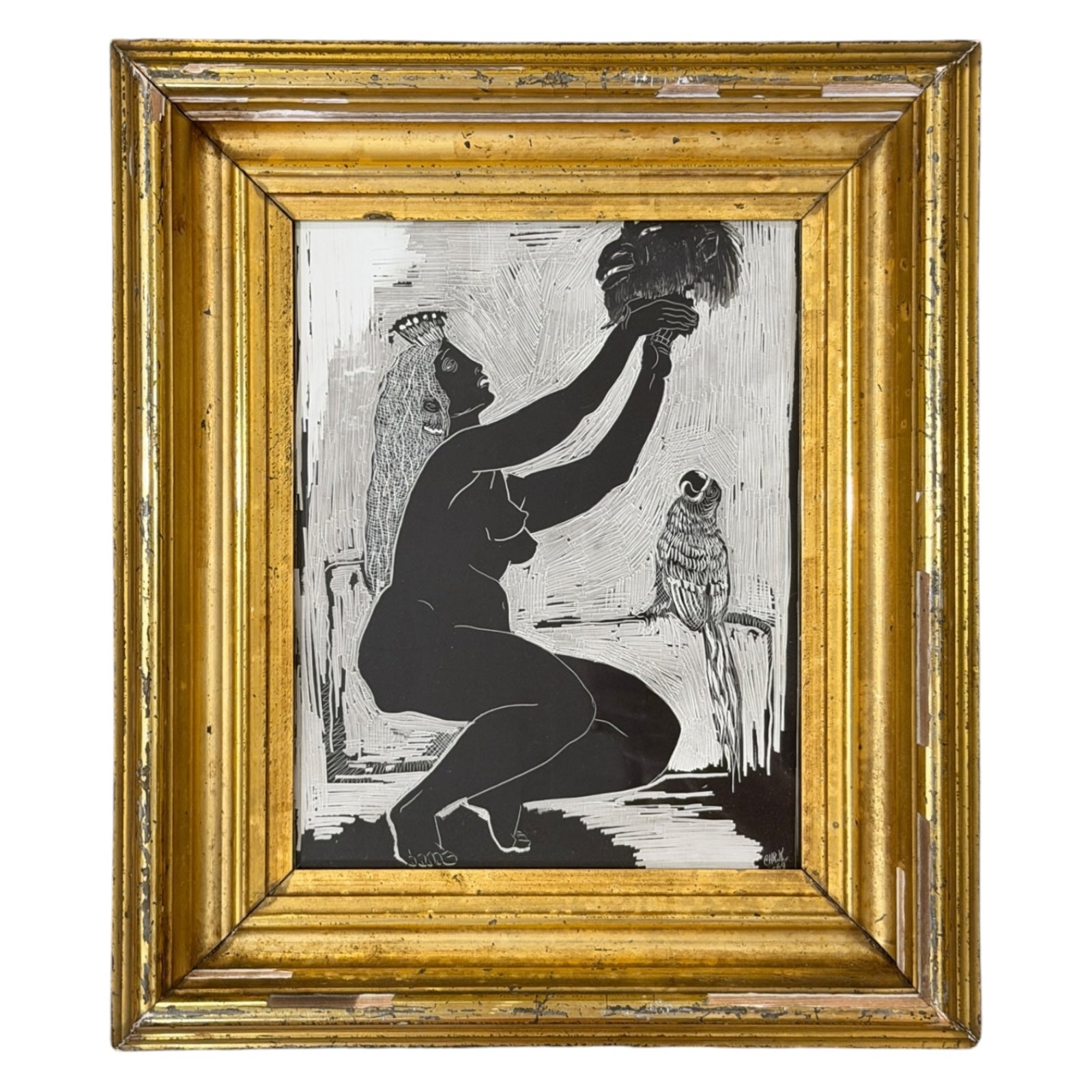 Woman and Parrot Painting in 19th Century Gilt Wood Frame