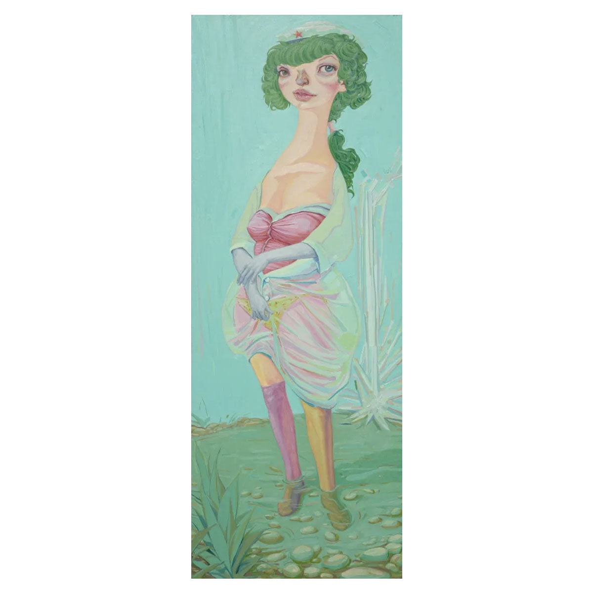 Monumental Figurative Oil Painting in Greens and Pinks