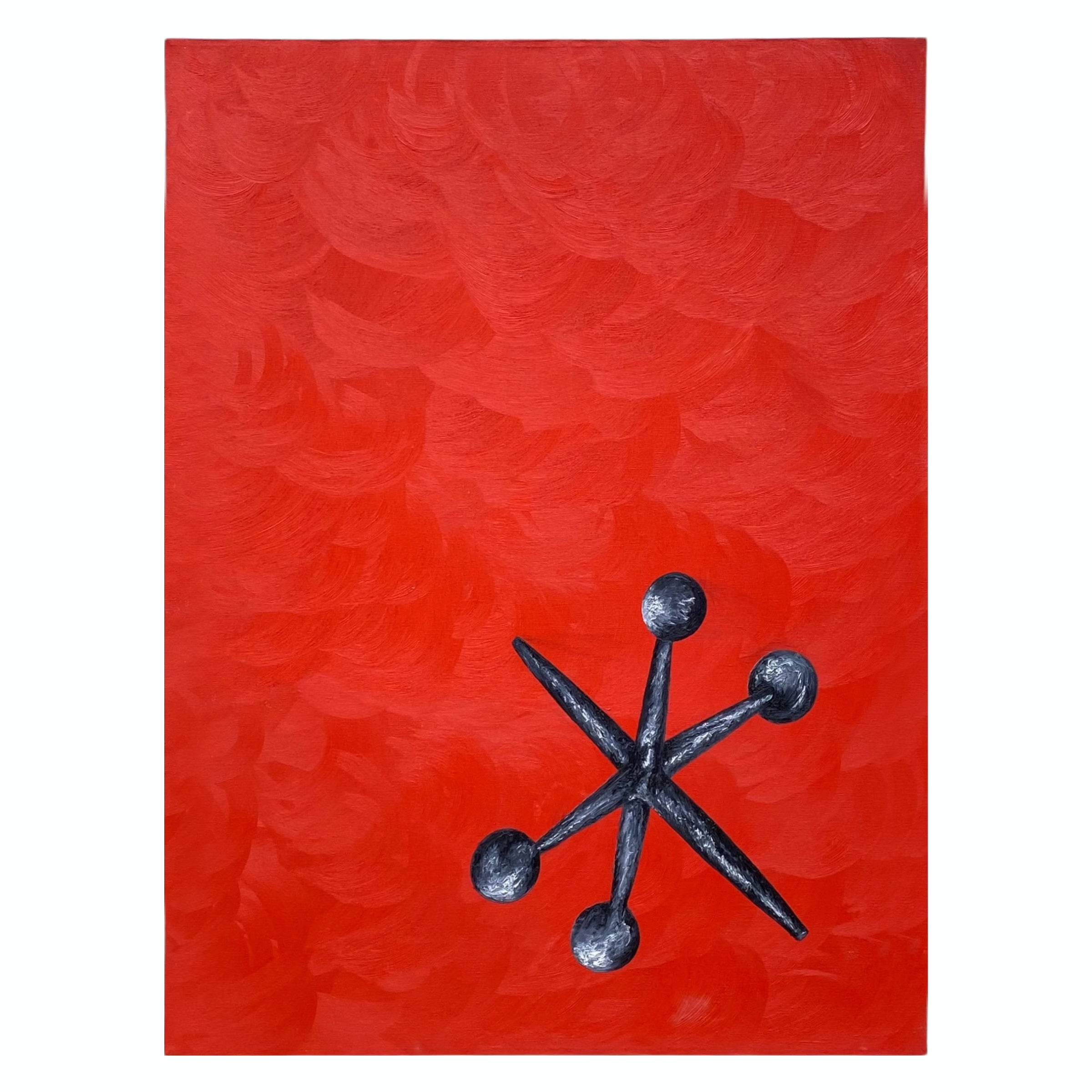 Pop Art Oil Painting of a Metal Jack Against a Bold Red Background