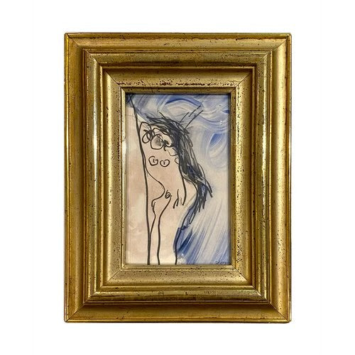 1960 Oil Painting of Figure Presented in Very Thick Antique Gild Frame